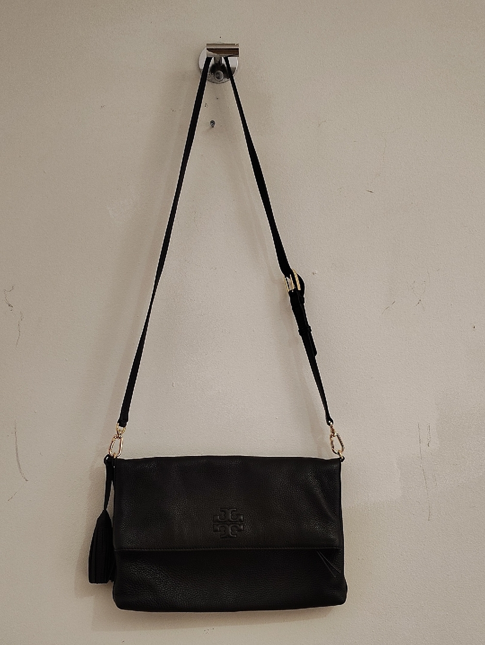Tory Burch Black Leather Fold-Over Crossbody with Tassel